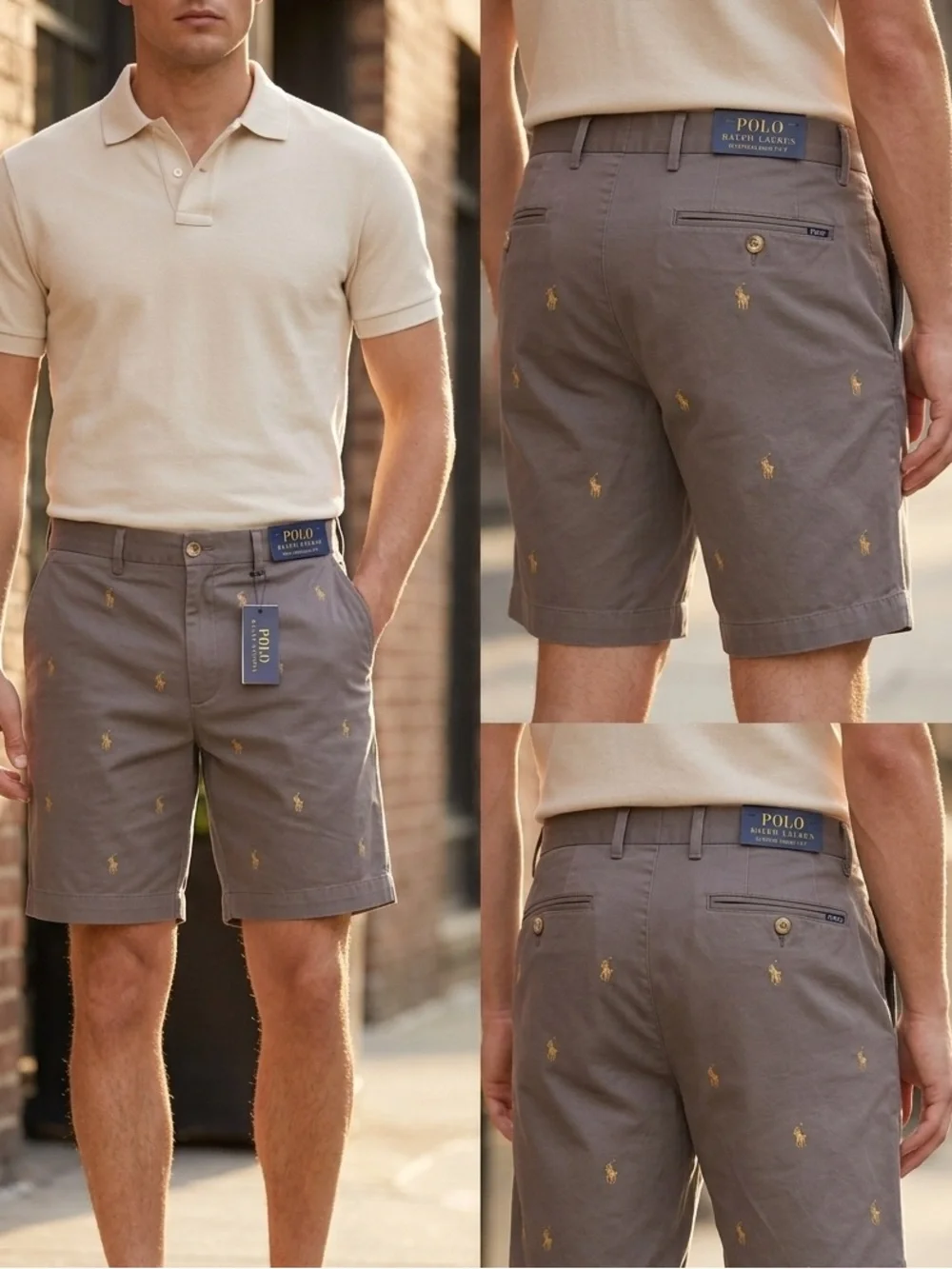 Ralph Lauren Gray Embroidered Polo Chino Shorts with Gold Logos
